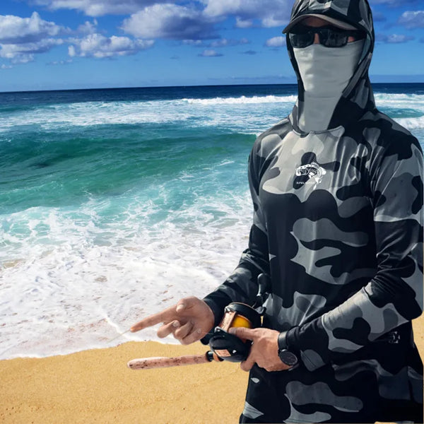 Fishing Hoodie Face Mask Neck Cover Sailing Shirt Summer Men Long Sleeve Sun Protection Hunting Jersey Camisa De Pesca Performance Fish Gear Beach Tops Wear Climbing Uniform